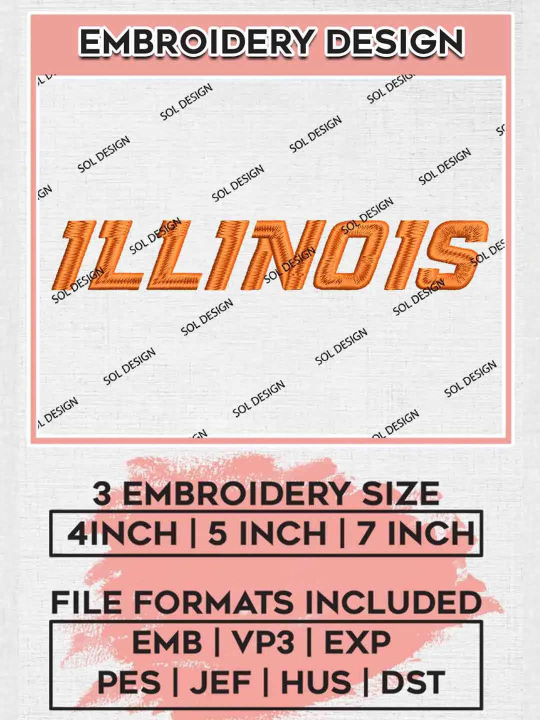 Illinois Wordmark Embroidery Design, Football Embroidery files, Sport Machine embroidery files, 3 sizes, Instant Download
