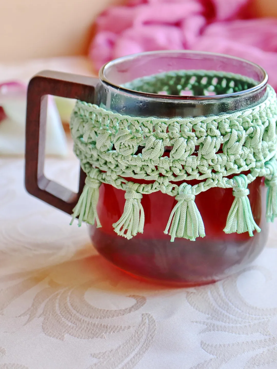 Crochet Mug Cozy Pattern PDF, Boho Tassel, Puff Stitch, Coffee Cup Cozy