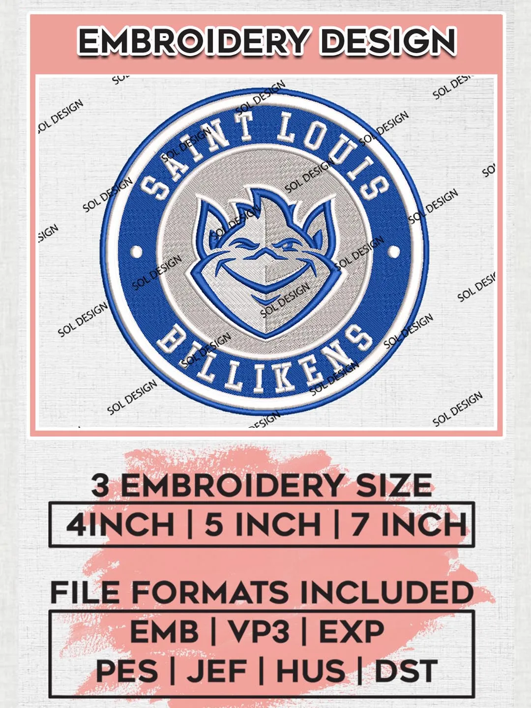 NCAA Saint Louis Billikens Round Logo Embroidery, NCAA Saint Louis Billikens Logo Embroidery files, NCAA Teams, Machine embroidery designs, Digital Download