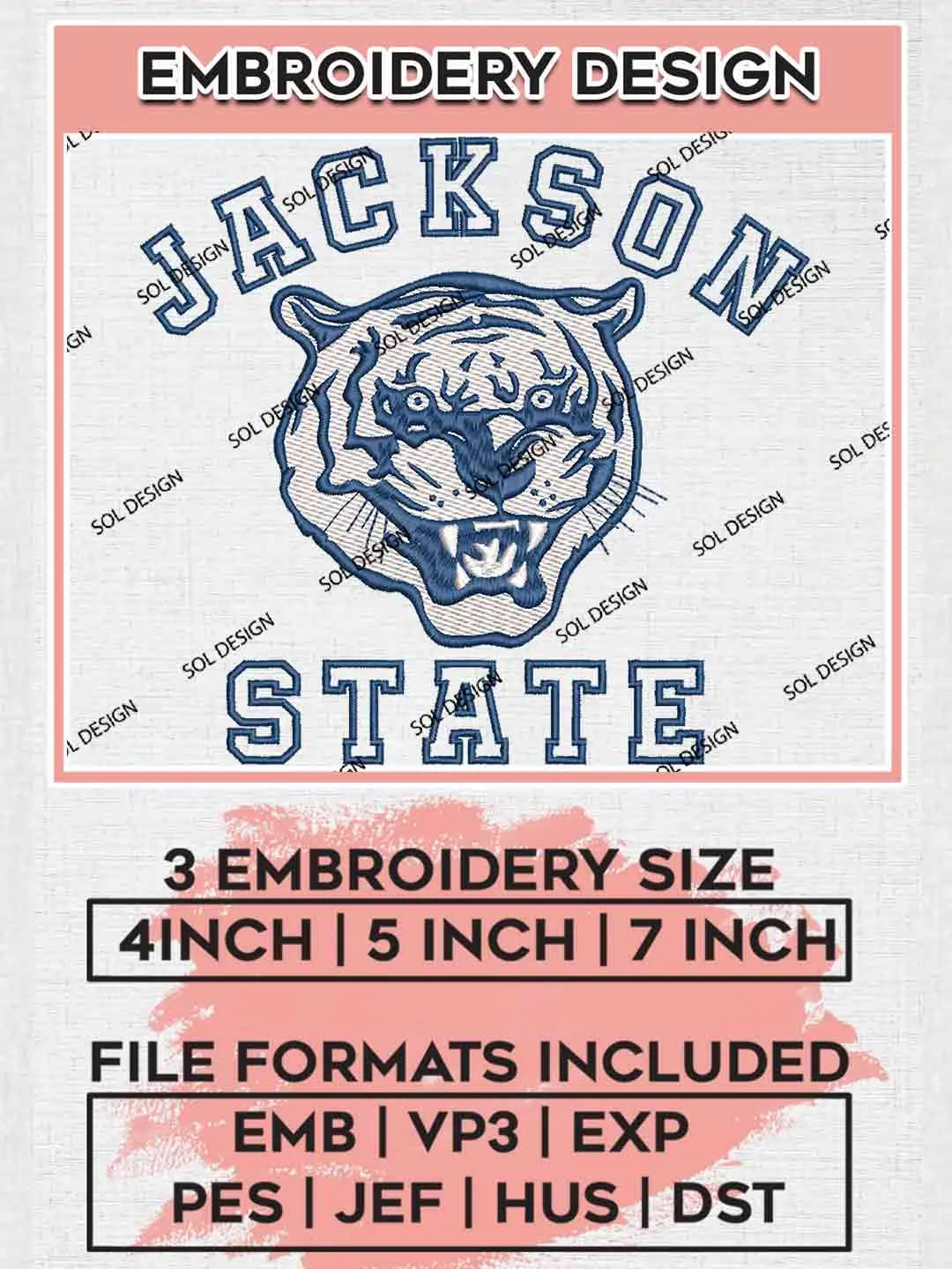 Jackson State Tiger Embroidery Design, Football Embroidery files, Sport Machine embroidery files, 3 sizes, Instant Download