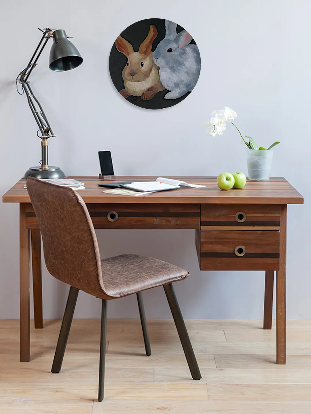 Hare Painting Bunny Original Art Animal Round Art Rabbit Painting Farmhouse Wall Art Pet Portrait 12" By Colibri Art