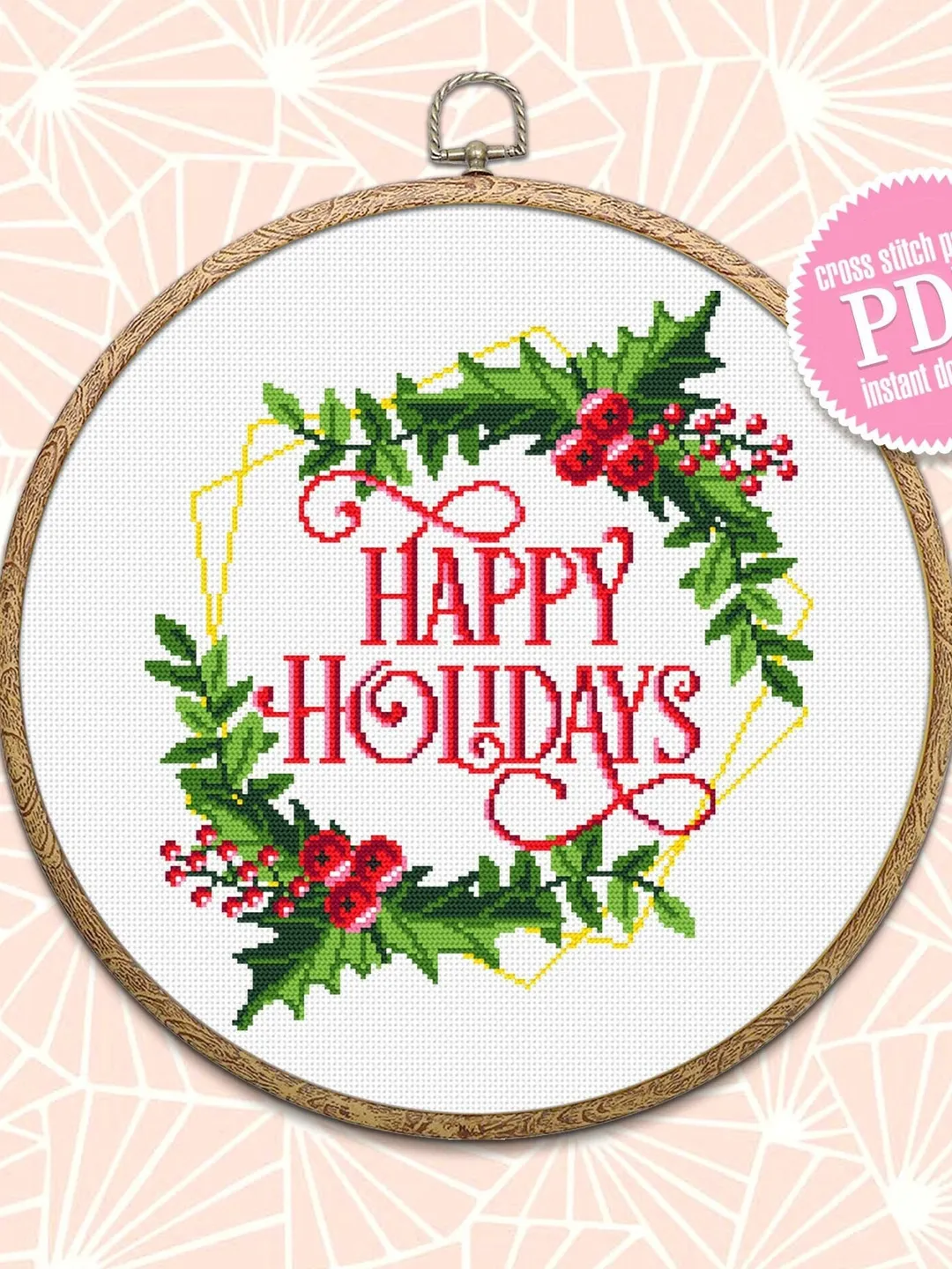 Christmas holly berry wreath cross stitch pattern PDF Happy holidays cross stitch framed, Instant download PDF, Christmas home decor #N31