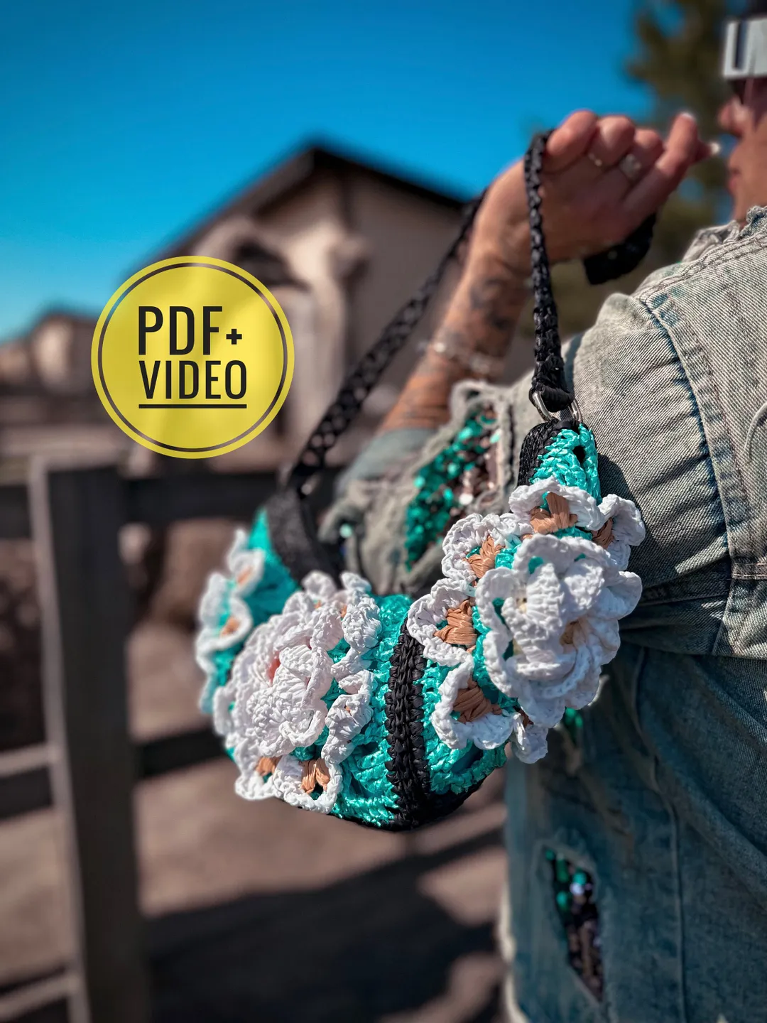 Crochet pattern granny square belt bag PDF digital instant download and video tutorial, waist bag, raffia handbag with motifs, small purse