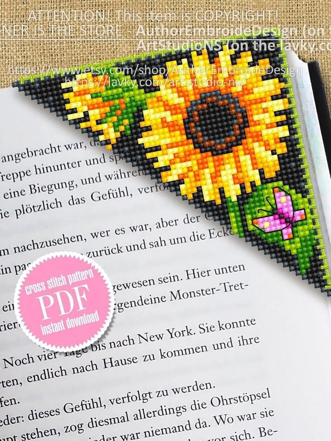 Corner bookmark sunflower cross stitch pattern PDF download Flower cross stitch chart, Floral bookmark corner, Sunflower pattern #B195