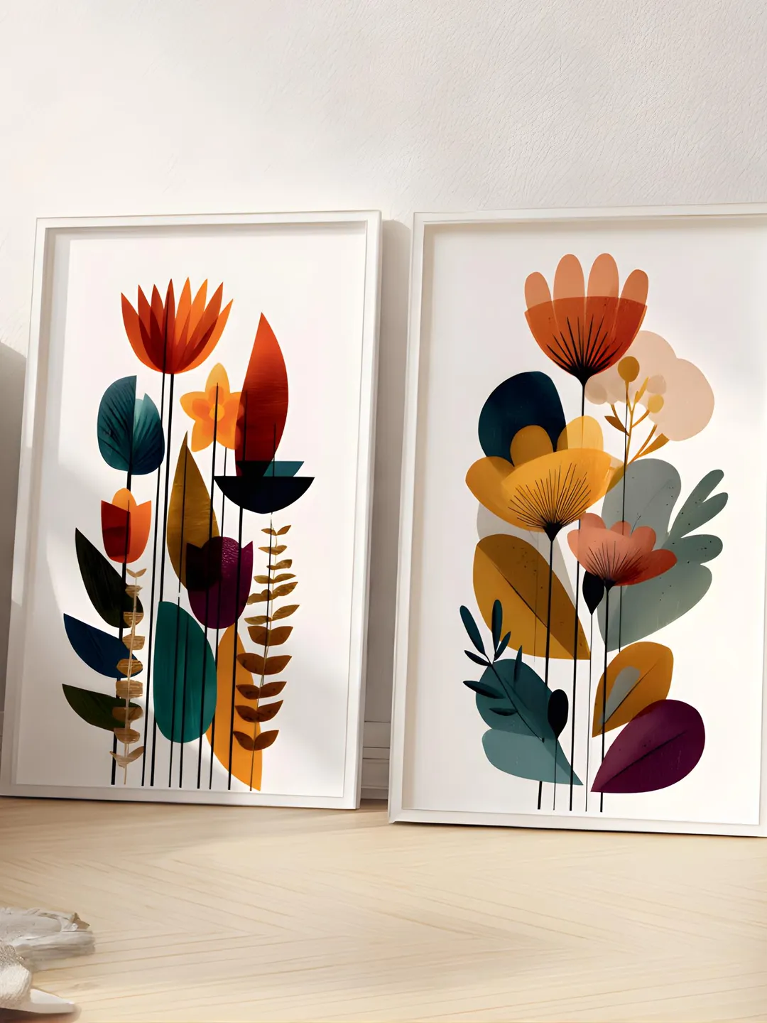 Mid Century Modern Floral Wall Art Set of 2, Abstract Botanical Prints ...