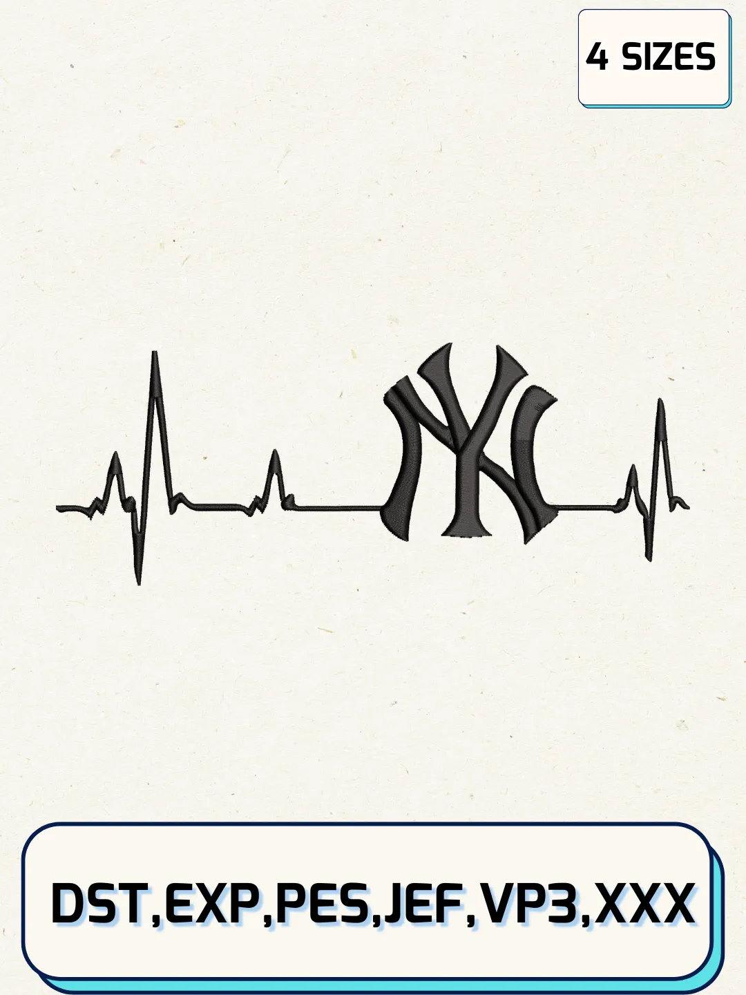 New York Yankees Heart Beat Logos Embroidery Design Files, MLB Logos Embroidery Designs, Machine Embroidery Files, 4 Sizes