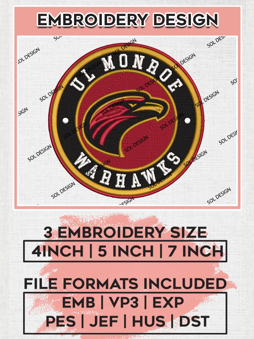 NCAA UL Monroe Warhawks Round Logo Embroidery, NCAA UL Monroe Logo Embroidery files, NCAA Teams, Machine embroidery designs, Digital Download