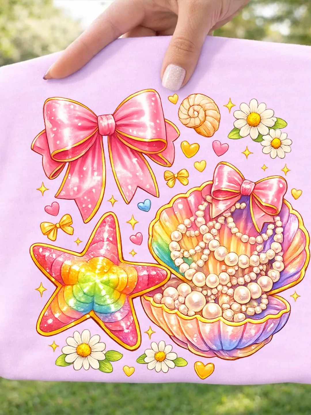 Seashell Starfish PNG Clipart with Pink Bows, Beach Ocean Sublimation