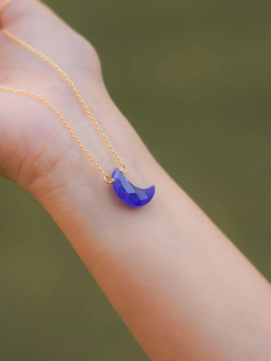 Blue Sapphire Crescent Moon Necklace: 925 Sterling Silver Celestial Pendant