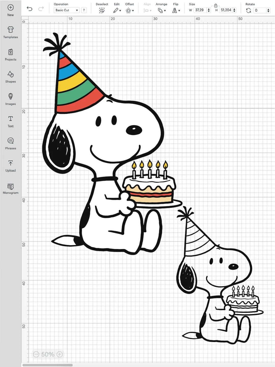 The perfect Snoopy holding a birthday cake for DIY party shirts and invites