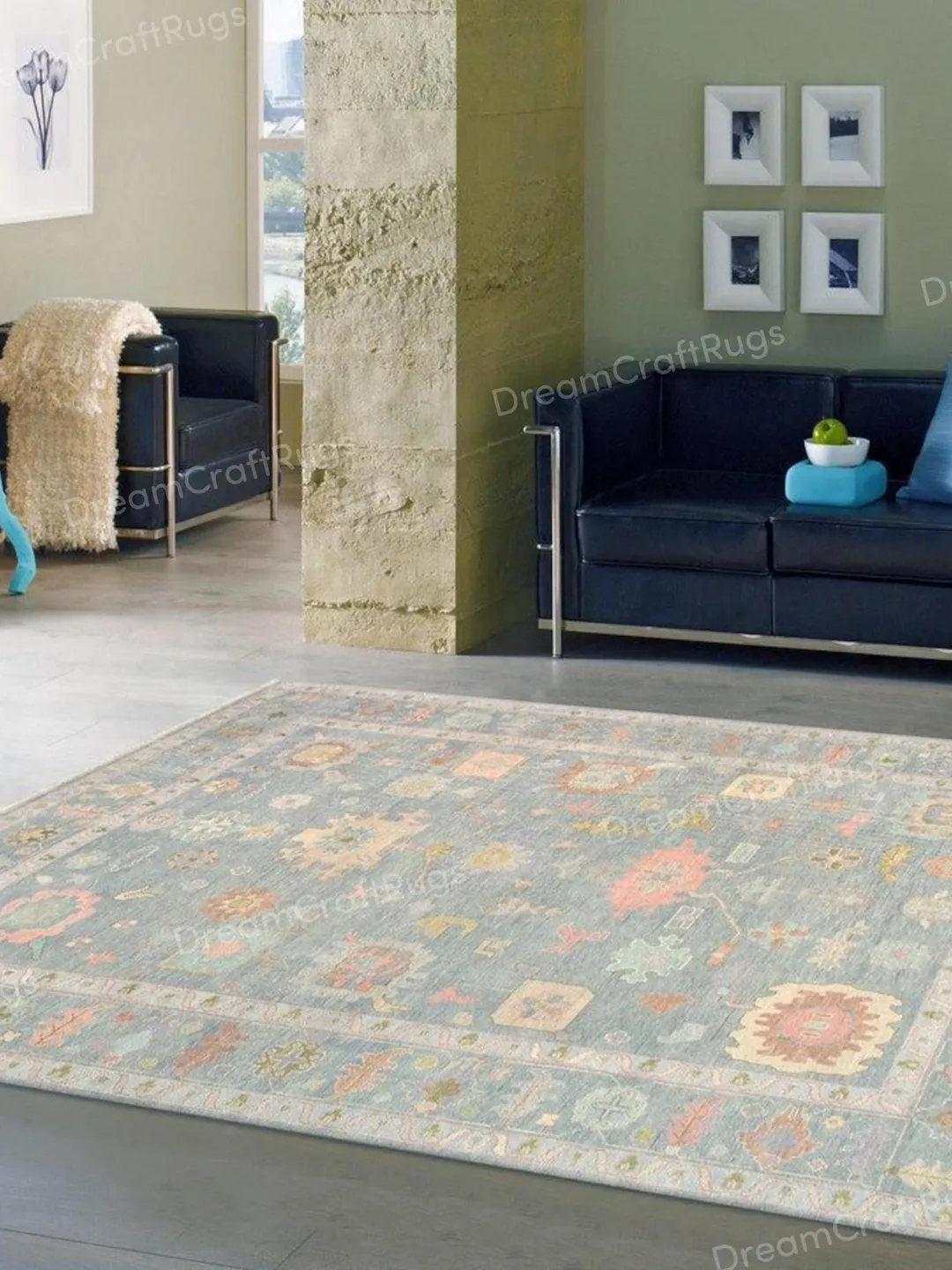 Hand-Knotted Wool Oushak Rug: Muted Modern Turkish Style