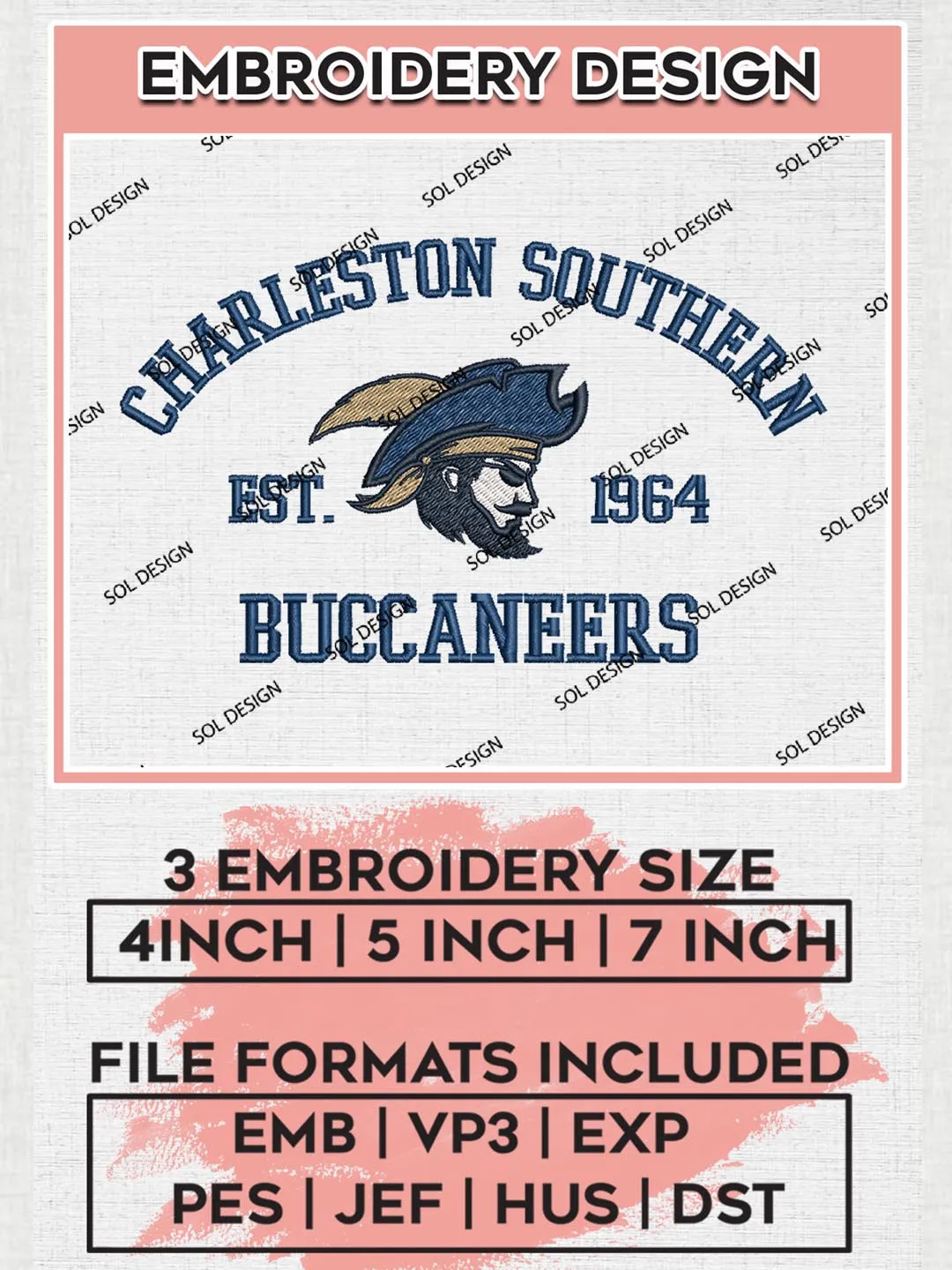 Charleston Southern Buccaneers Est 1964 Embroidery Designs, NCAA Charleston Southern Buccaneers Team Embroidery, NCAA Team Logo, 3 sizes, Machine embroidery Files, Digital Download