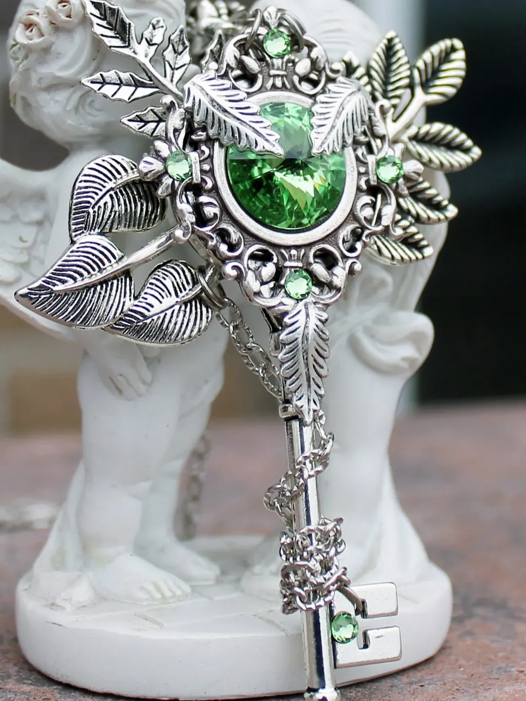 Vintage Fantasy Green Swarovski Key Necklace