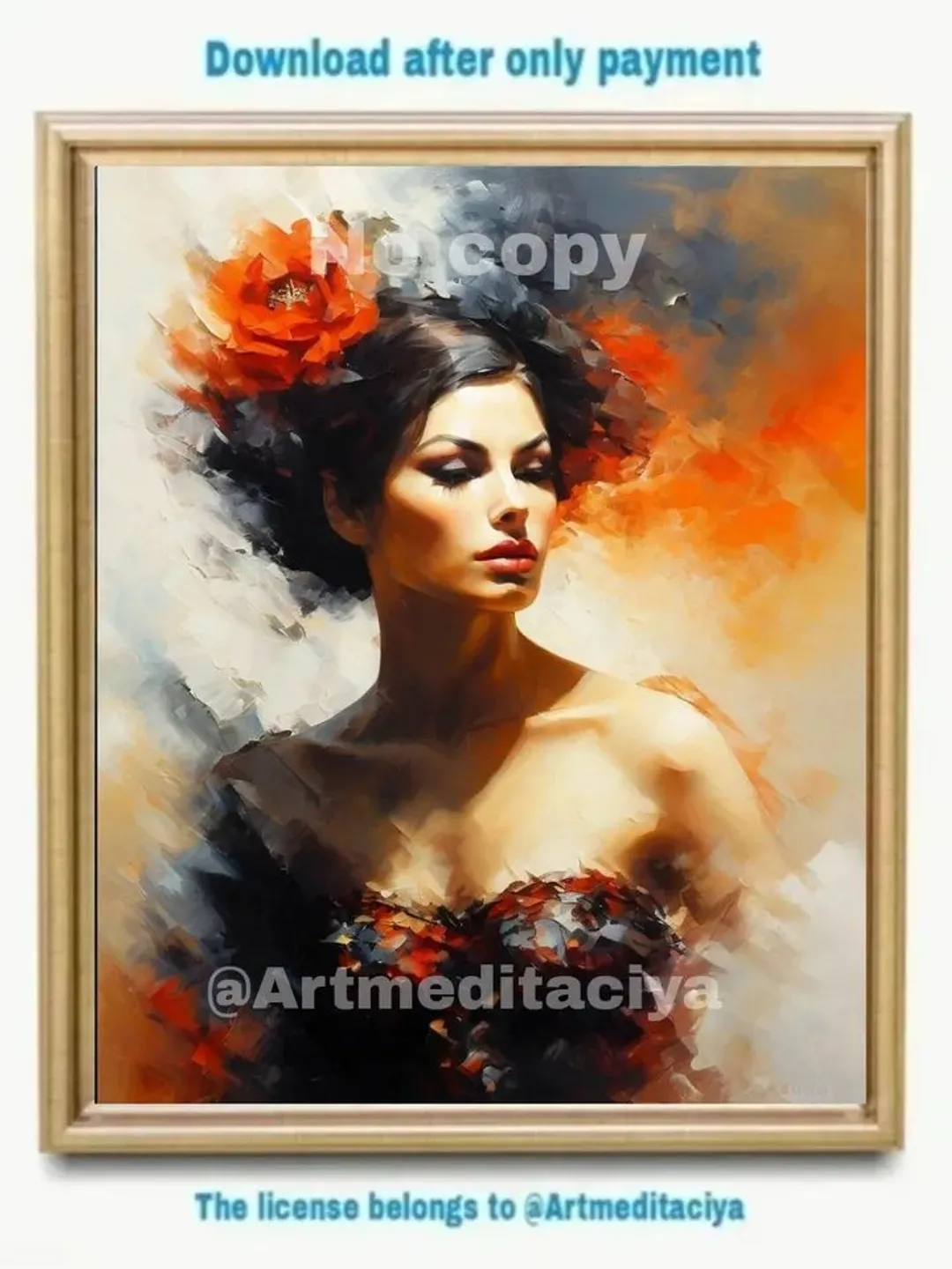 Digital abstract painting "Mysterious Carmen", made in the style of oil painting with a palette knife on an abstract white-beige-orange-gray background. This is a blurry concise image of a Spanish brunette in a dark neckline with an orange flower in hair