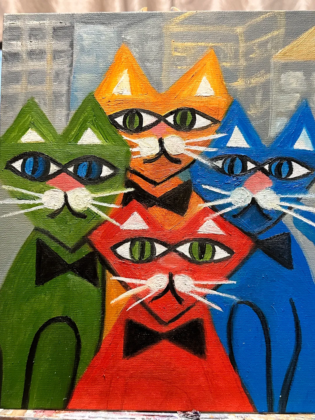 Oil Painting Quartet of Spring Cats Cats Animals Naive Art Abstract Art Canvas on Cardboard 12 x10 inches 30 x25 cm Wall Art Decor for Children's Room or Bedroom Gift