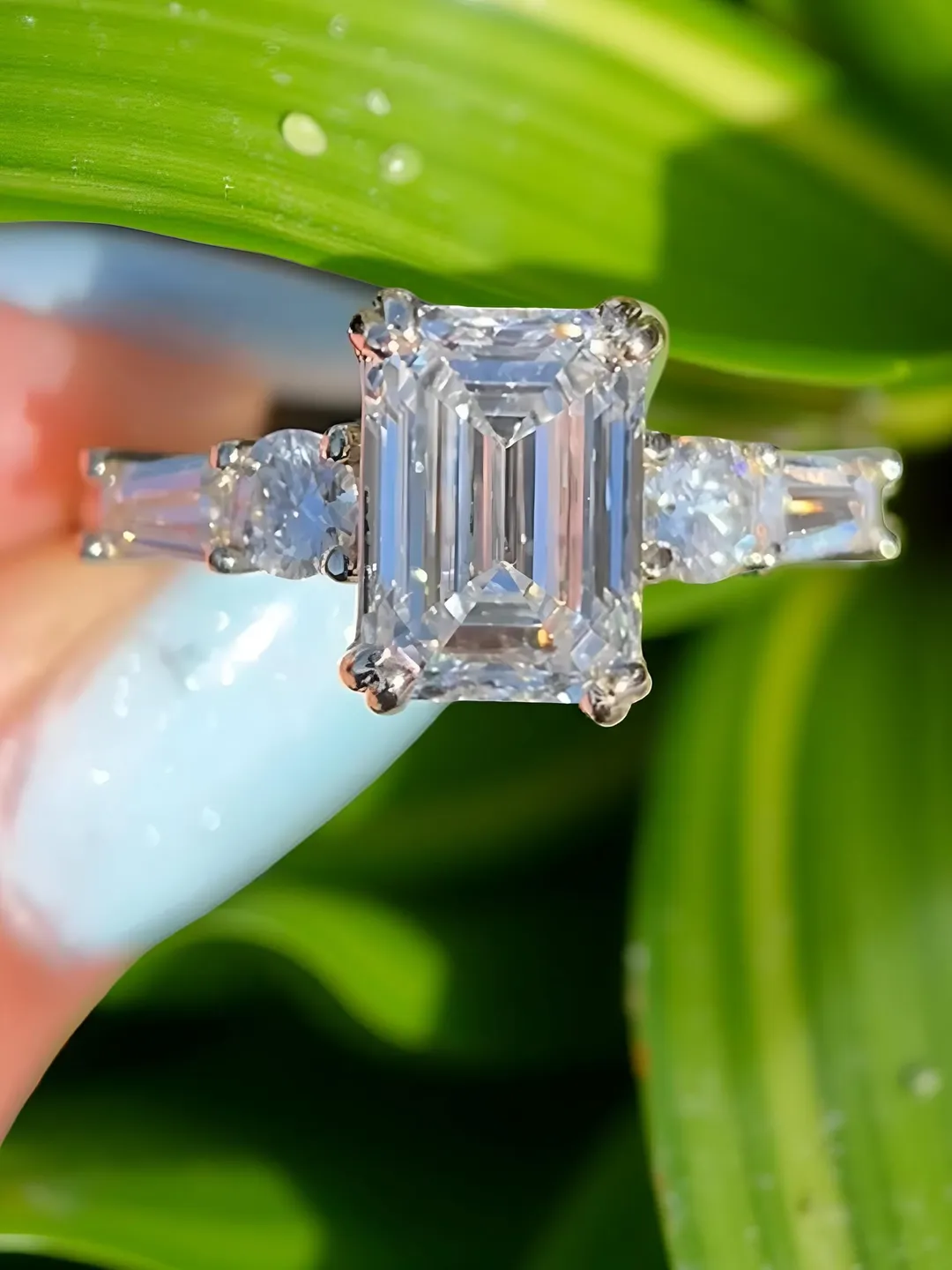 Emerald Cut Lab Grown Diamond Engagement Ring, 14Kt Gold Three Stone Ring.