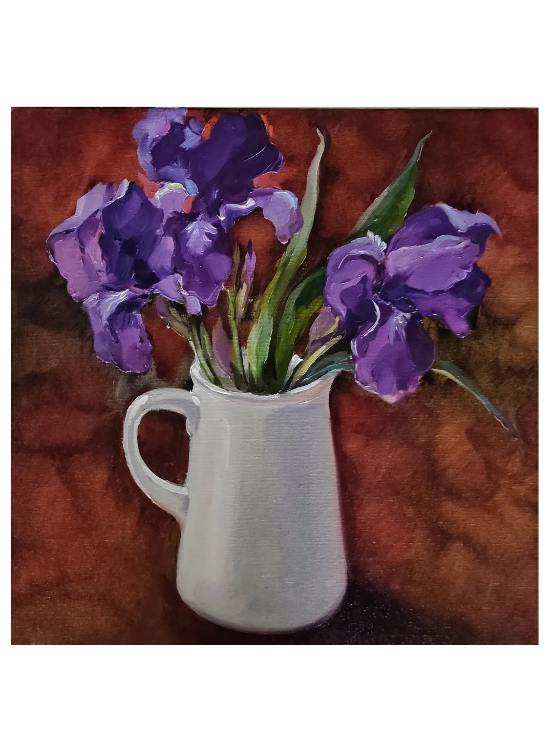 Oil Painting Bouquet of Flowers Irises Original Painting on Canvas Wall Art Impasto Painting Purple Flowers 16 x 16 inches Artist Natalia