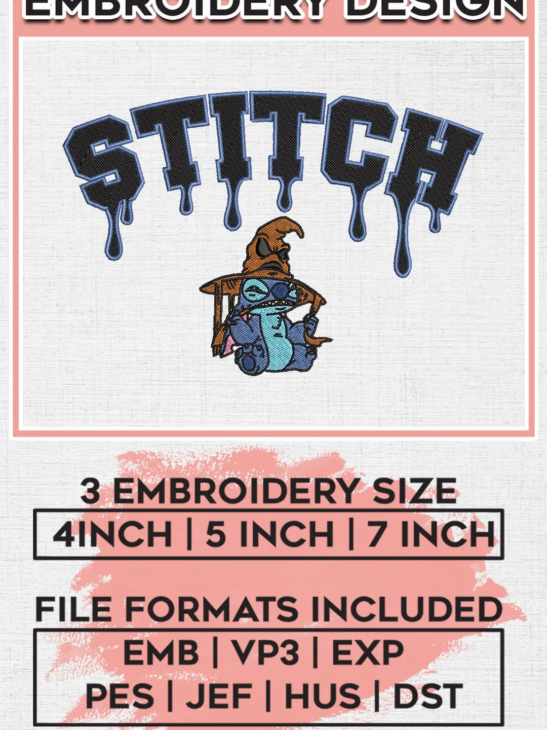 Stitch Witch Hat Drop Name Embroidery designs, Stitch Movie Machine embroidery designs, Halloween embroidery files, Spooky Season Machine Embroidery Digitized Pes Files, Digital Download
