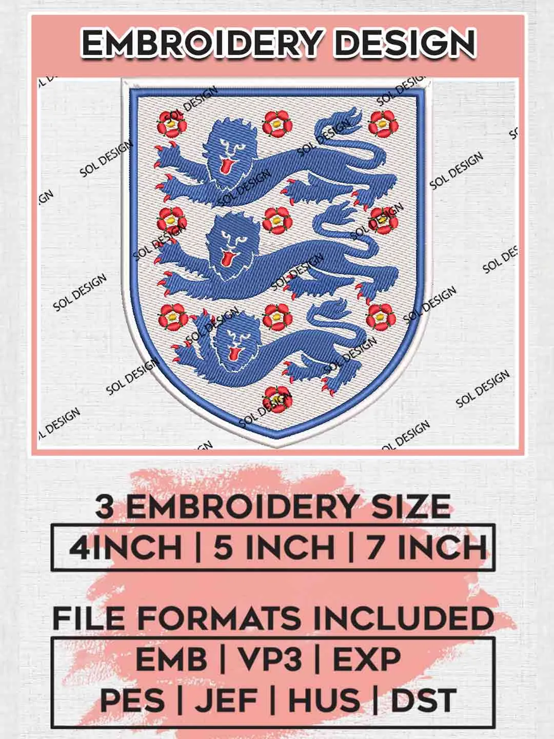 The Three Lions Football Team Logo Embroidery Designs, UEFA Logo Embroidery files, England National Football Team, Machine embroidery designs, Digital Download