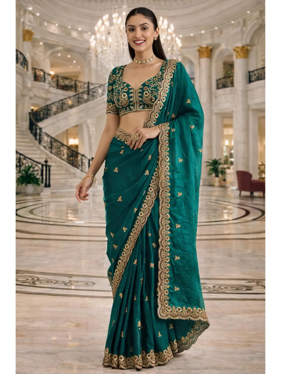 Rama Sequin Ready To Wear Saree For Women: Tissue Embroidery, Indian Wedding Wear