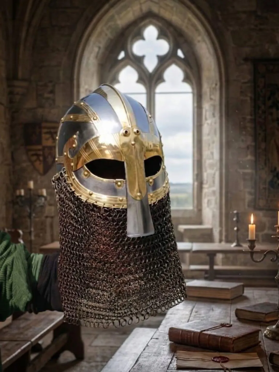 Steel Viking Spectacle Helmet with Brass Trim and Chainmail Aventail – Norse Reenactment Armor