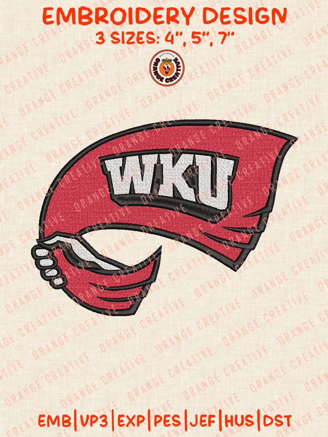 NCAA WKU Hilltoppers Logo Embroidery Files, NCAA Western Kentucky Hilltoppers Team Embroidery Designs, College Football Team Machine Embroidery Files, NCAA Western Kentucky Machine Embroidery, Digital Download