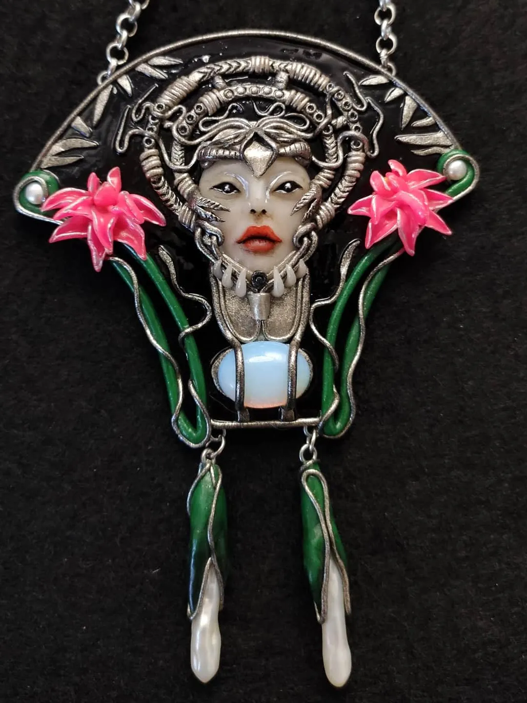 Japanese pendant,necklace with lotus,jewelry necklace, Polymer clay necklace