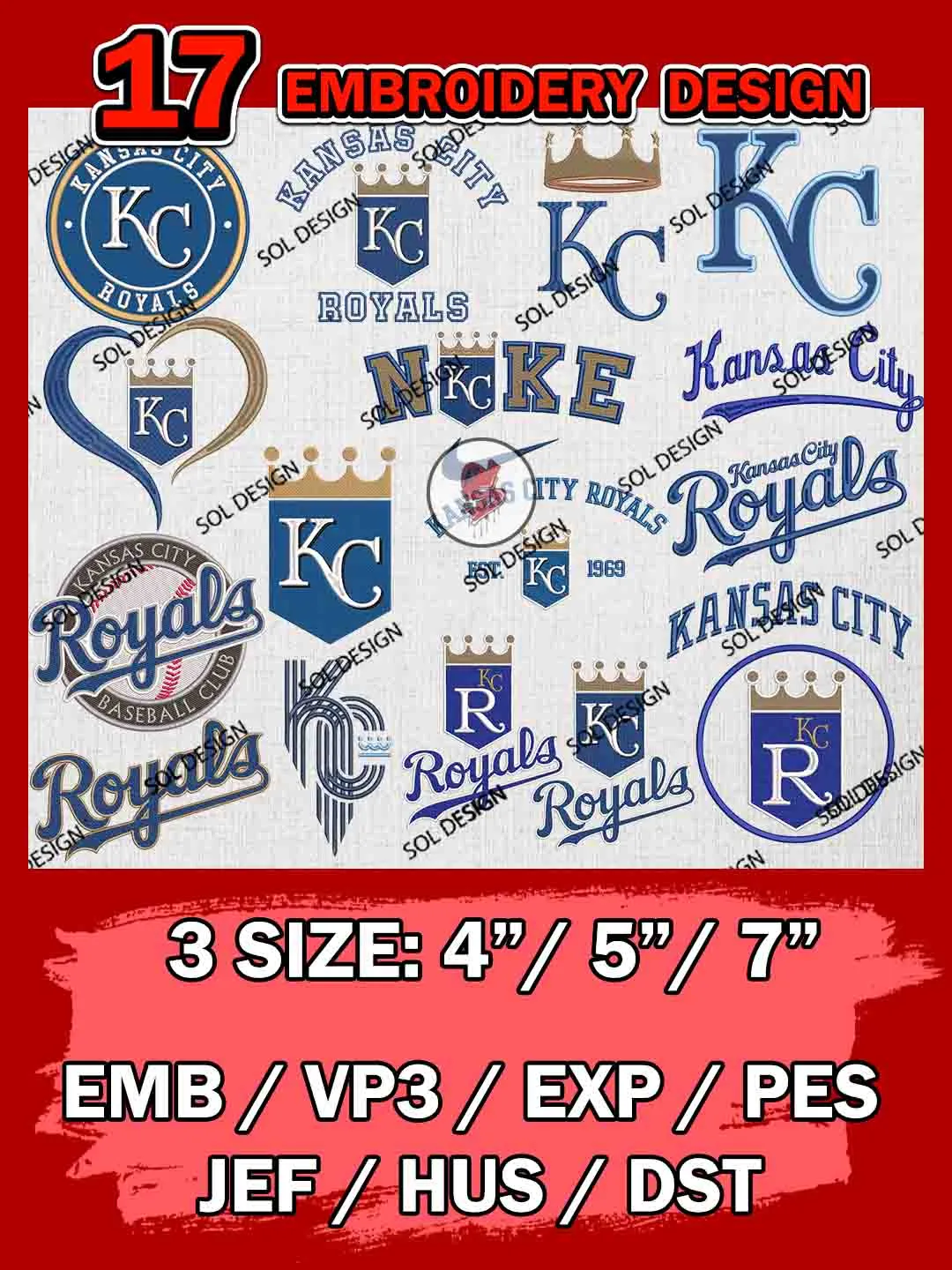 17 Kansas City Royals Bundle Embroidery Files, MLB Kansas City Royals Team Bundle Embroidery Designs, MLB Teams, League Baseball Team, 3 sizes, MLB Royals Machine Embroidery, Digital Download