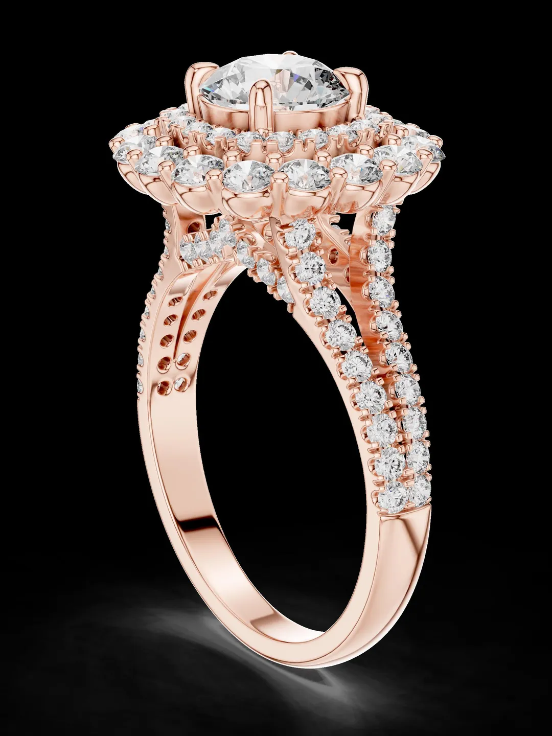 Double Halo Diamond Engagement Ring, Split Shank Bridal Ring, Round Cut ...