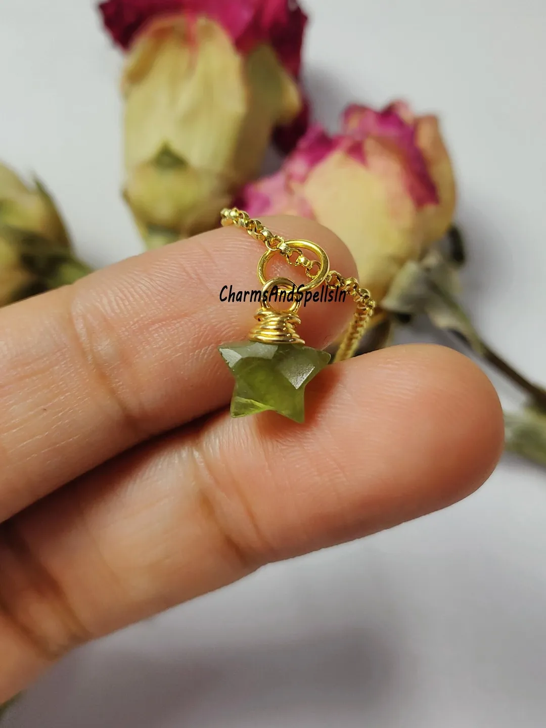 Green Peridot Star Pendant Necklace, Gold Wire Wrapped, August Birthstone
