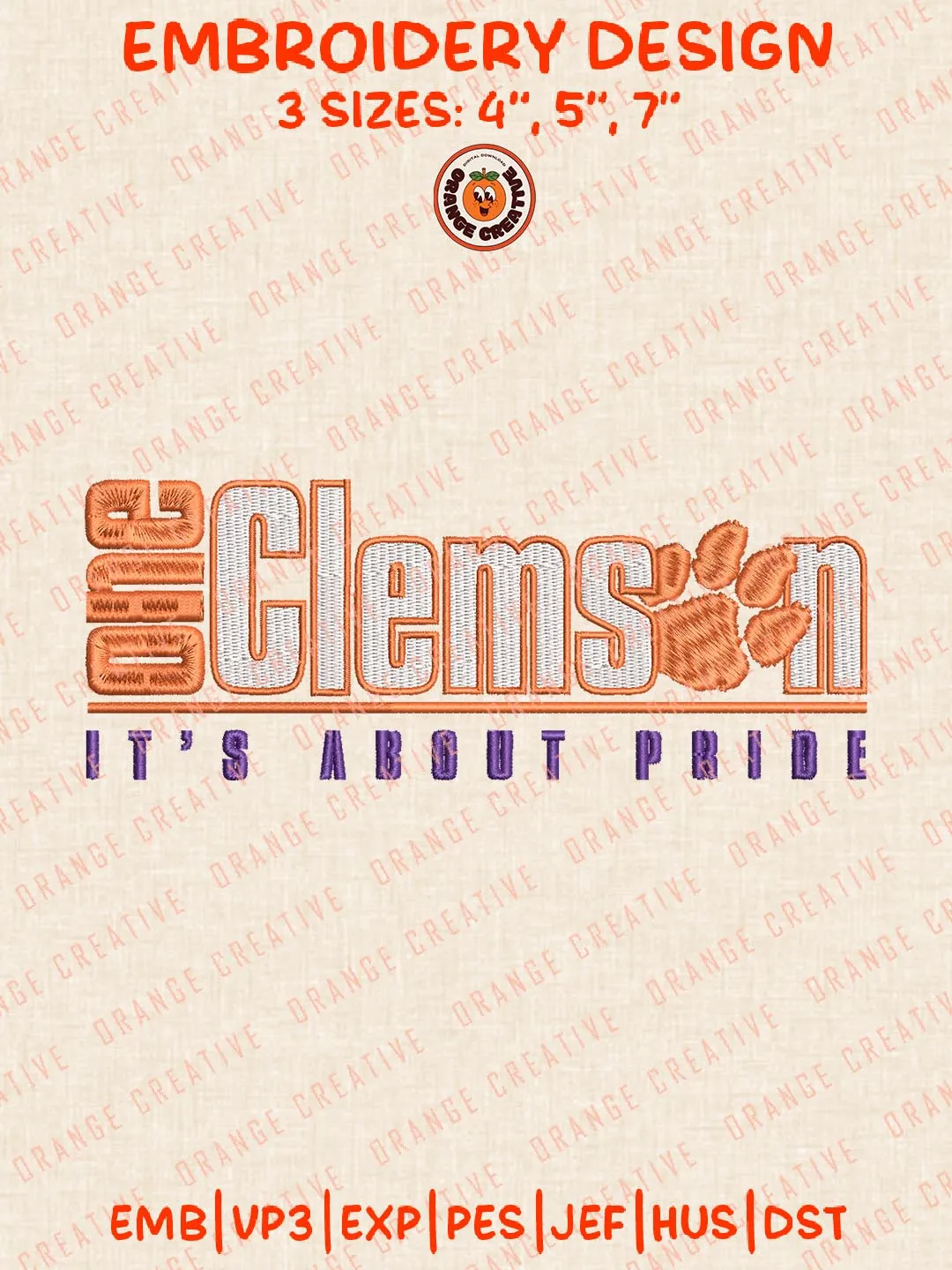 NCAA It's About Pride Clemson Tigers Embroidery Design, NCAA Team Logo Embroidery Design, Machine Embroidery Design File, 4 Sizes, Custom Size, Digital Download