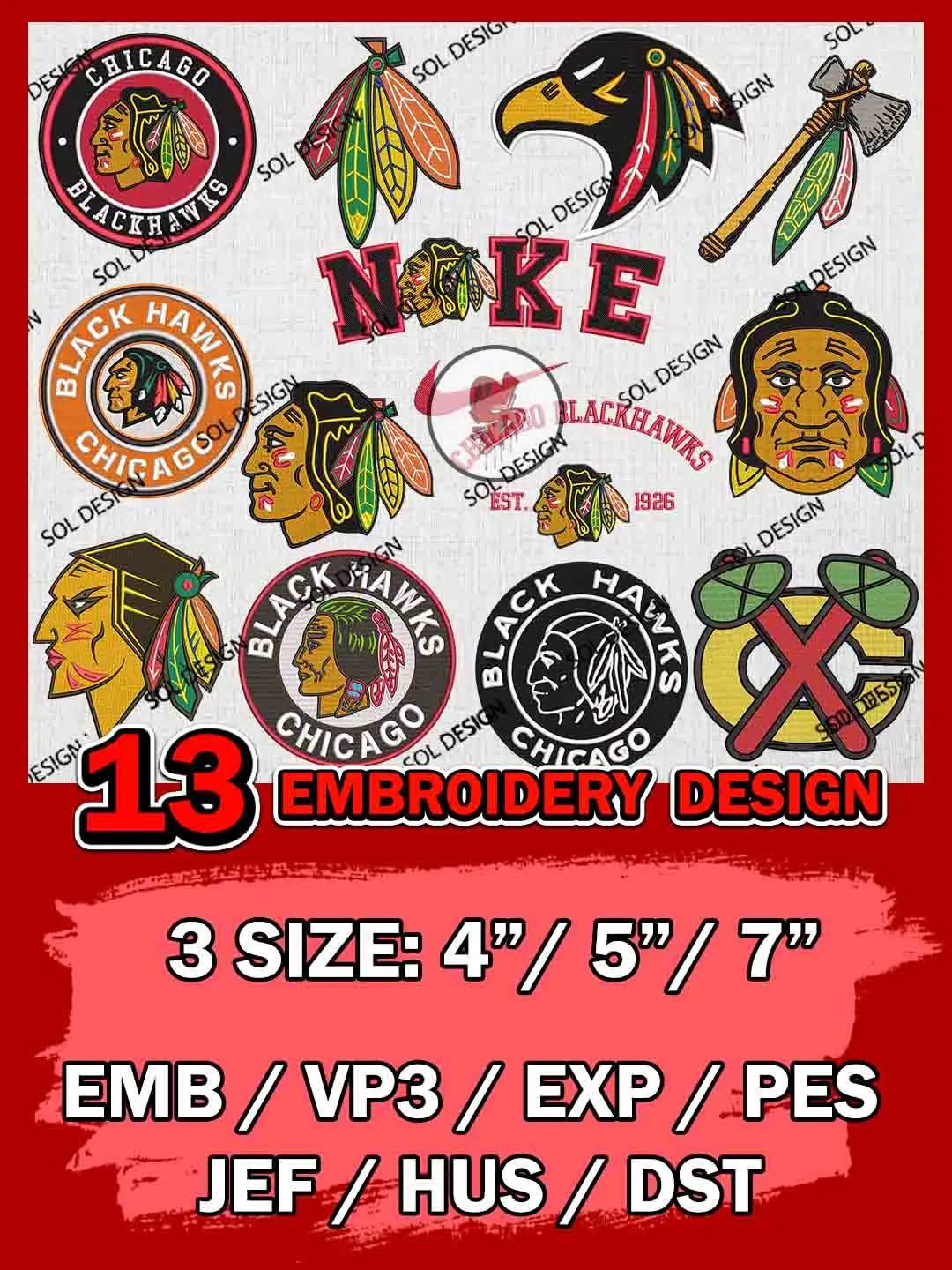 NHL Chicago Blackhawks Bundle Embroidery Files, NHL Chicago Blackhawks Team Bundle Embroidery Designs, NHL Teams, National Hockey League 3 sizes, NHL Blackhawks Hockey Machine embroidery designs, Digital Download