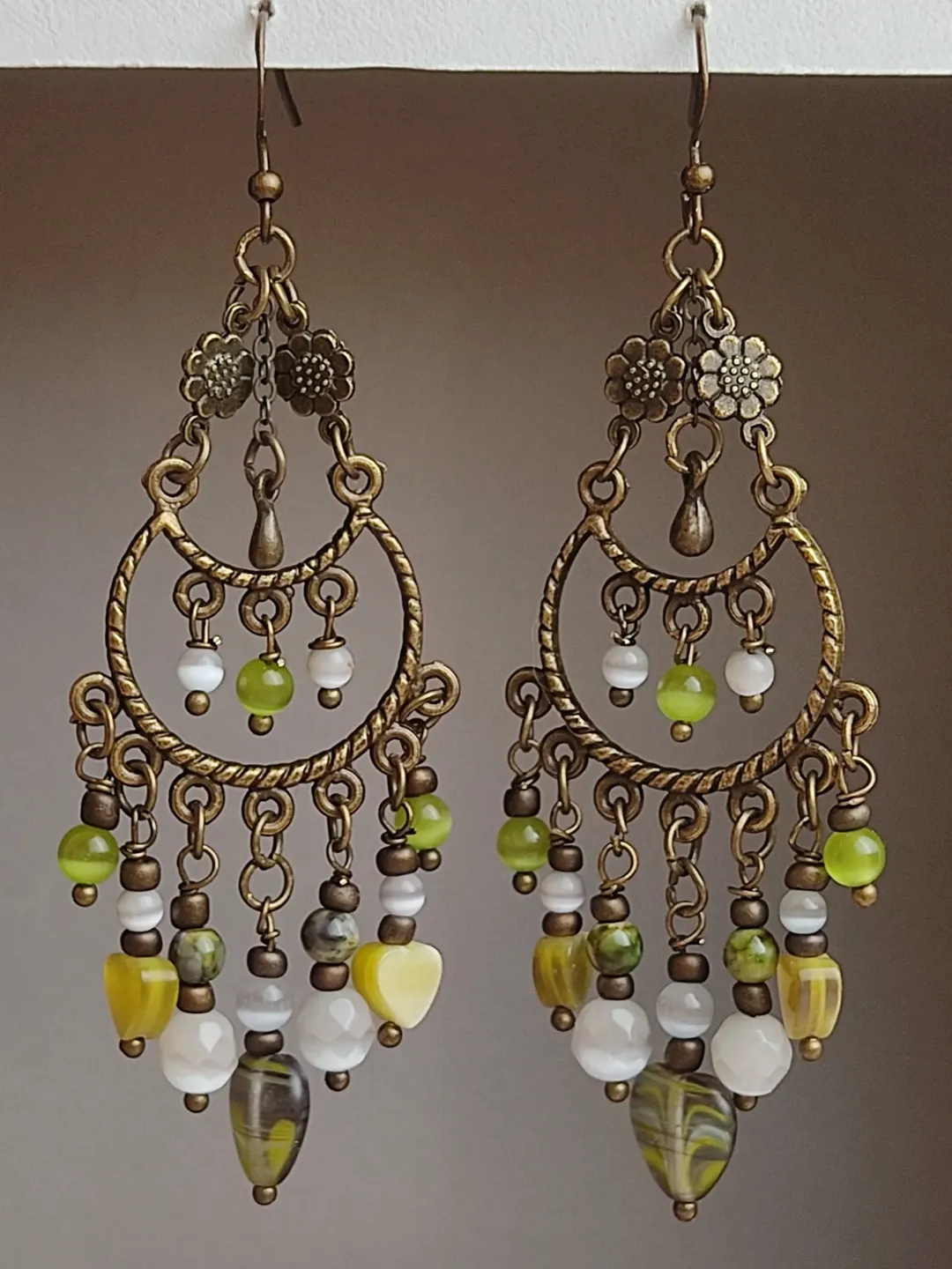 Green long earrings beaded dangle boho