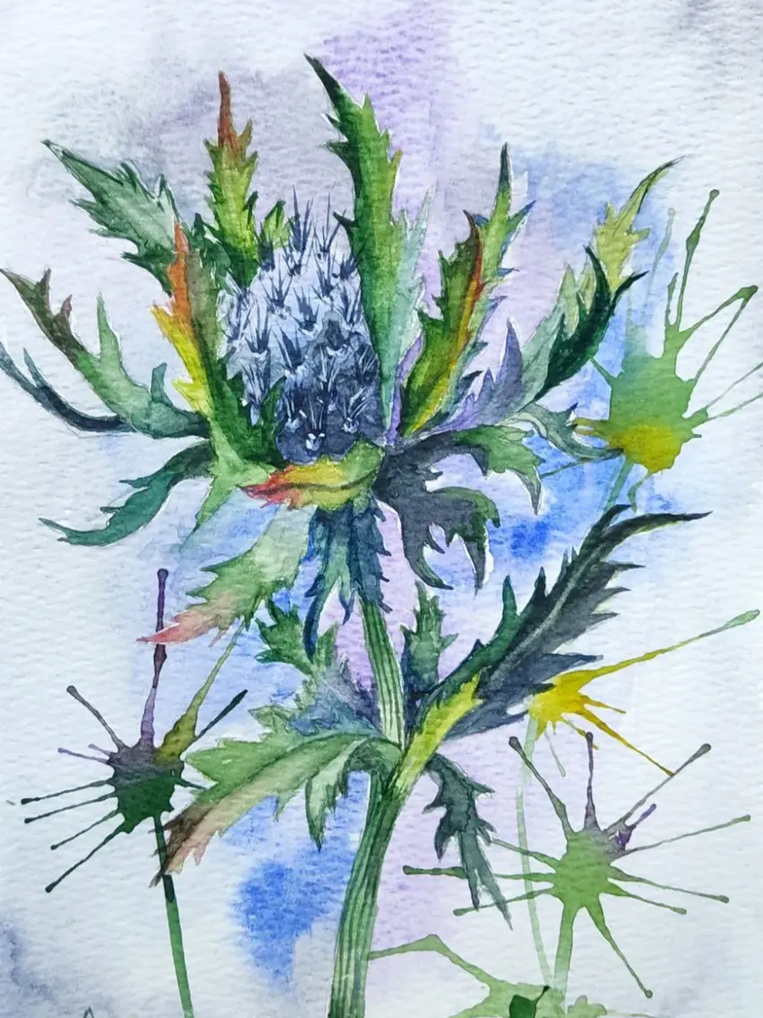 Thistle painting original watercolor art plant blue flower artwork