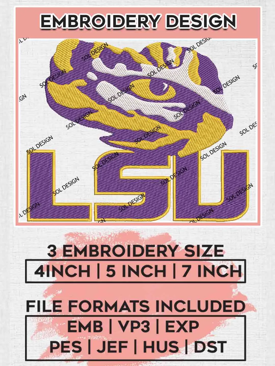 LSU Tiger Embroidery Design, Football Embroidery files, Sport Machine embroidery files, 3 sizes, Instant Download