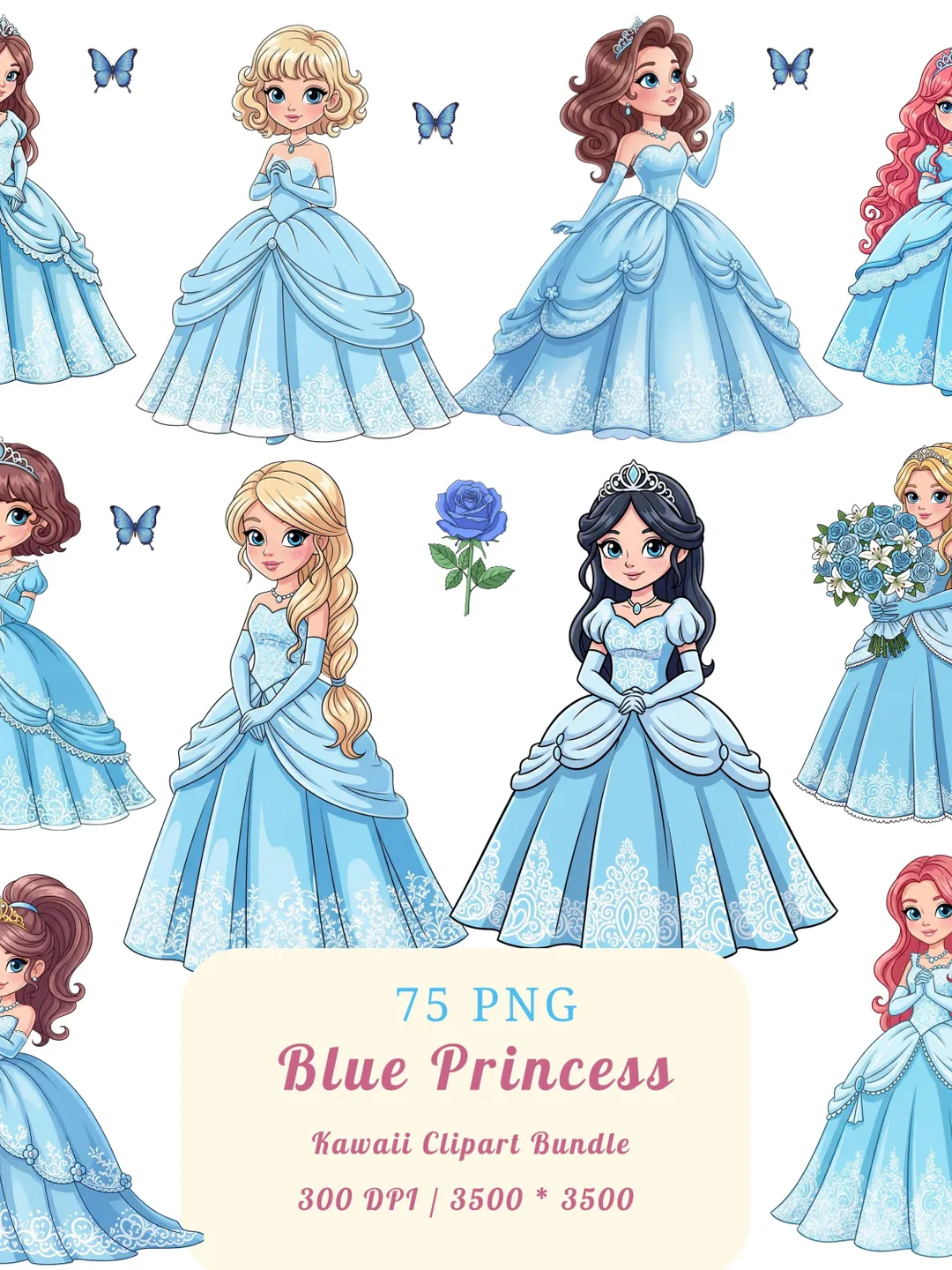 Rainbow Princess Clipart Bundle - 85 Kawaii PNGs, Pastel Rainbow Gowns and  Royal Elements,