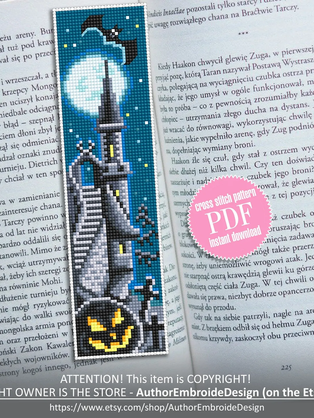 Halloween bookmark cross stitch pattern PDF download Haunted house cross stitch chart Handmade bookmark pattern digital Spooky Halloween #B6