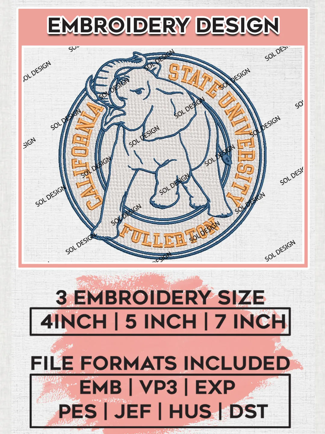 Cal State Fullerton Uni.versity Team Round Logo Embroidery Design Files, NCAA Cal State Fullerton Titans Machine Embroidery, NCAA Teams, Game Day, 3 sizes, NCAA Machine embroidery designs, Digital Download