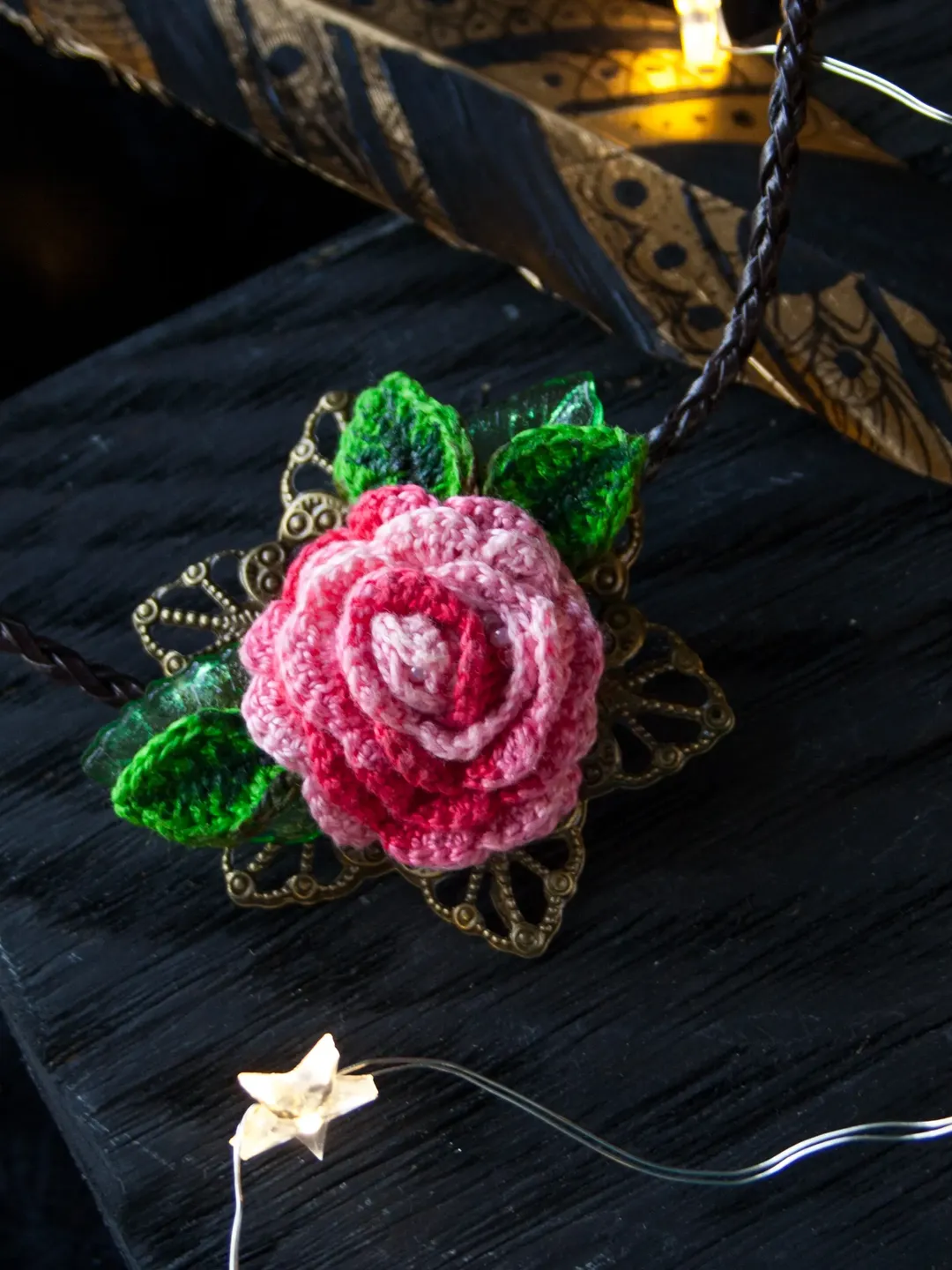 Textile rose pendant, rose filigree necklace, boho choker
