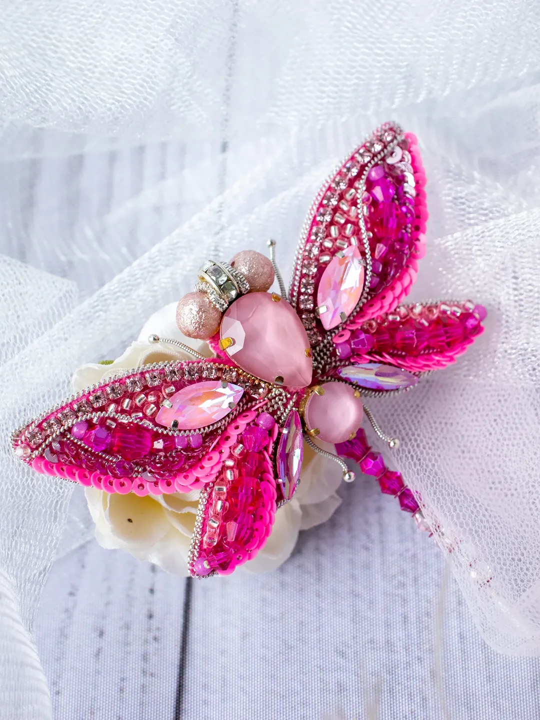 Pink dragonfly brooch, beaded brooch for wedding
