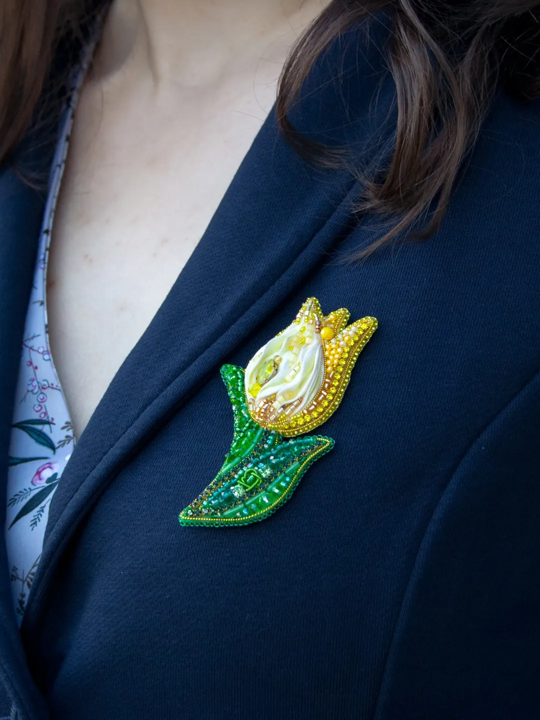 Tulip brooch, yellow tulips, textile silk flower pin