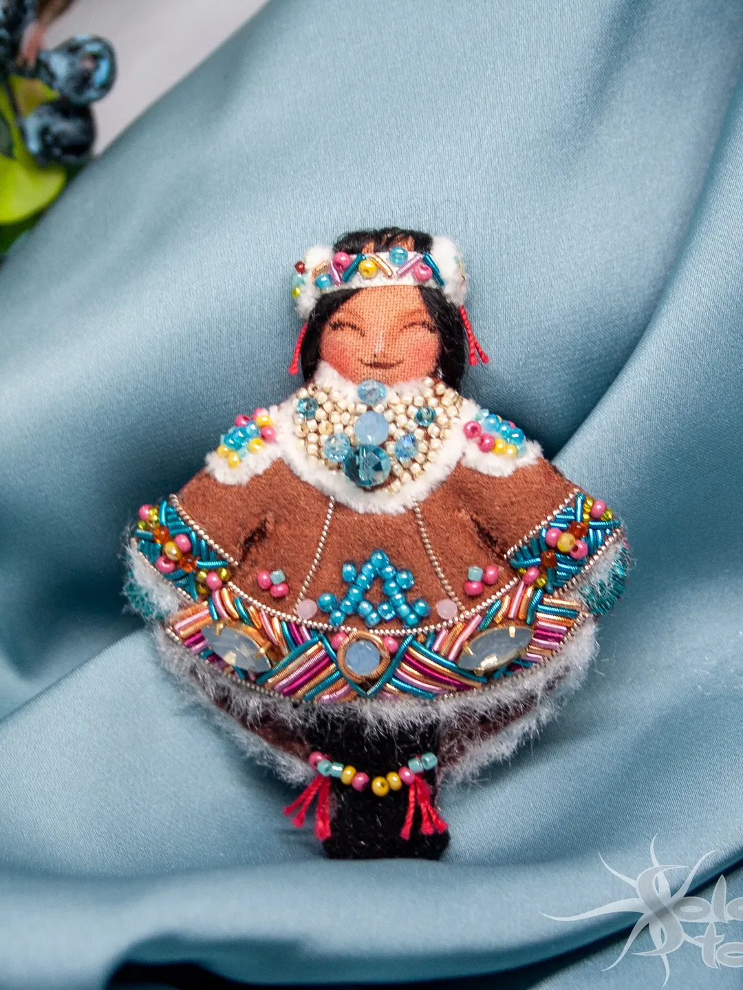 Folk jewelry, ethnic winter girl brooch
