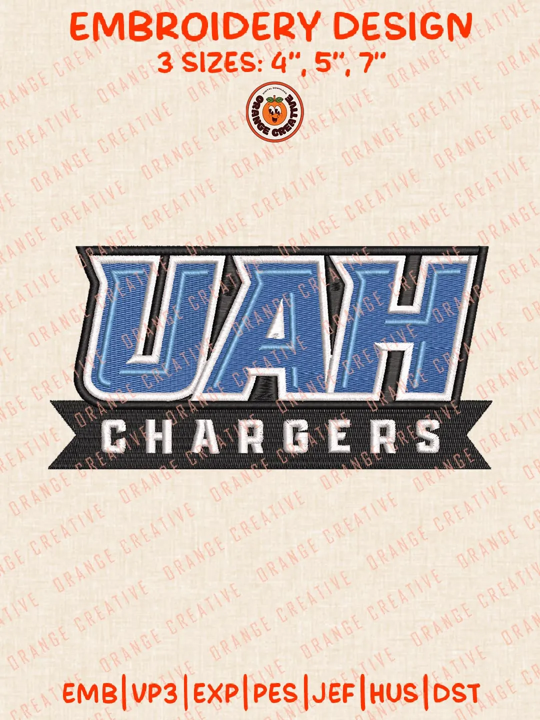 UHA Chargers Text Logo Embroidery Files, Sport Embroidery Designs, NCAA Alabama Huntsville Chargers Embroidery, College Football Team Designs, Digital Download
