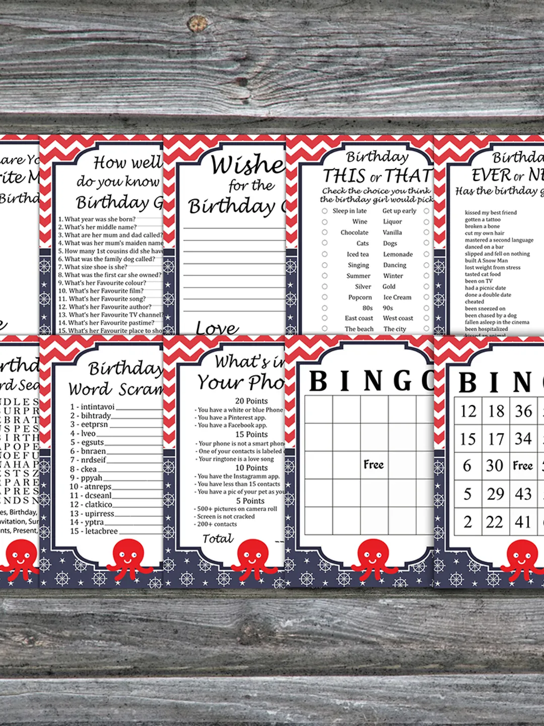 Octopus Birthday Party Games bundle,Adult birthday games package,Printable Birthday Games,INSTANT DOWNLOAD