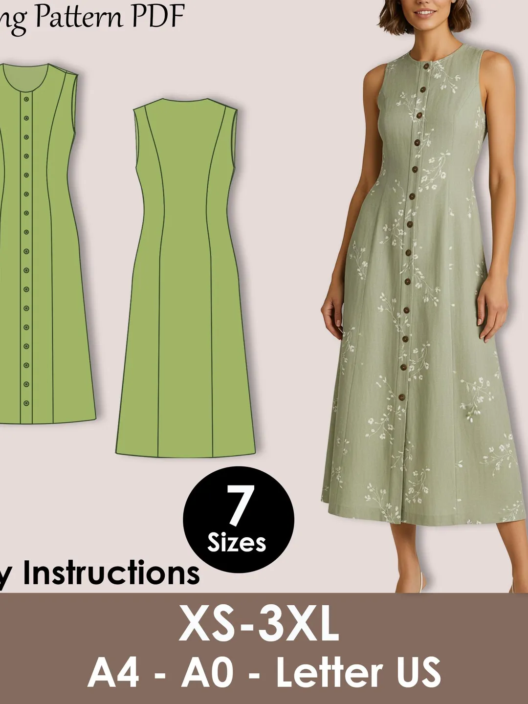 Linen Shift Dress Pattern, Sleeveless Summer Dress Sewing, Minimalist Loose Fit, A-Line Linen Shift Dress Pattern, Sleeveless Summer Dress Sewing, Minimalist Loose Fit, A-Line