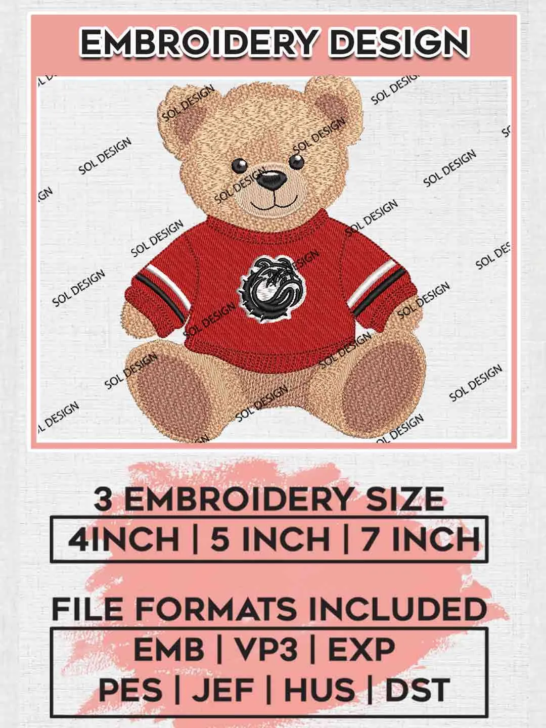 Gardner Webb Runnin Bulldog Teddy Bear Embroidery Design, Football Embroidery files, Sport Machine embroidery files, 3 sizes, Instant Download
