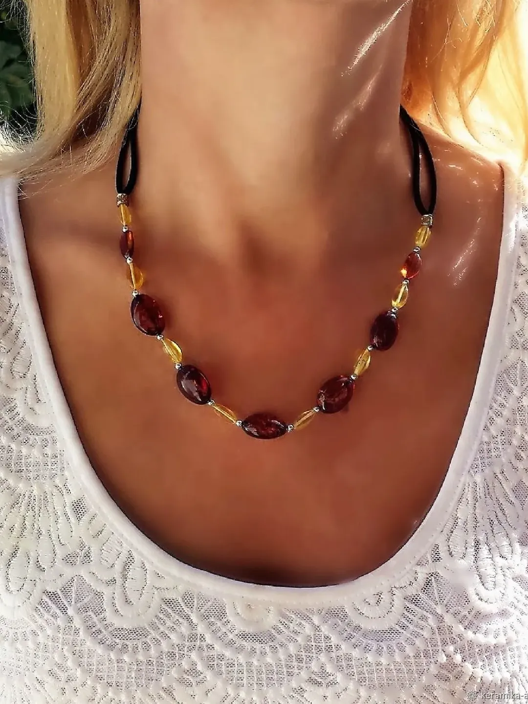 Baltic amber Choker necklace women's handmade gemstone jewelry beaded necklace on black suede cord birthday gift women