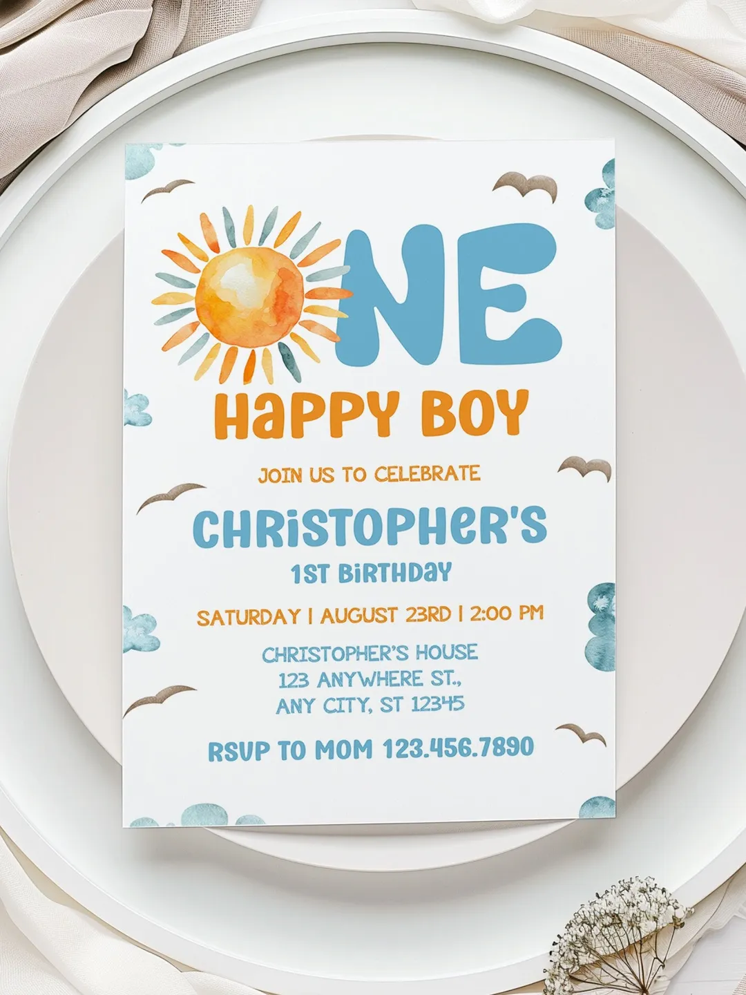 One Happy Boy Birthday Invite, First Birthday Evite, First Birthday Invitation, Phone Invite, 1st Birthday Invitation I120