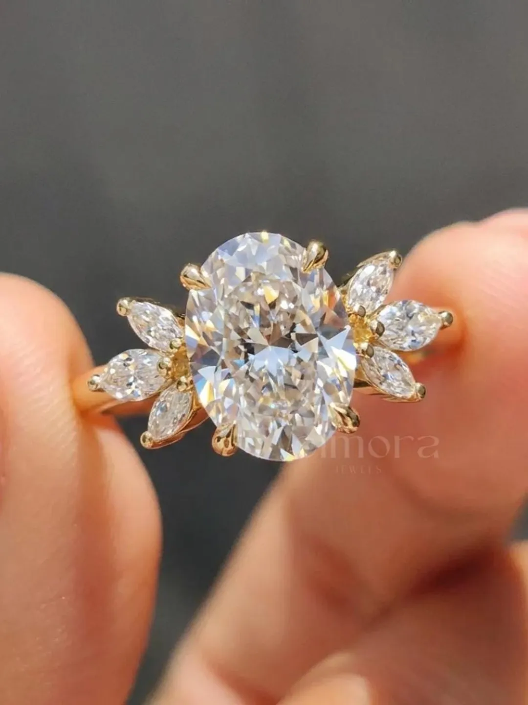 Oval Moissanite Engagement Ring, 14K Yellow Gold Floral Cluster, Marquise Side Stone