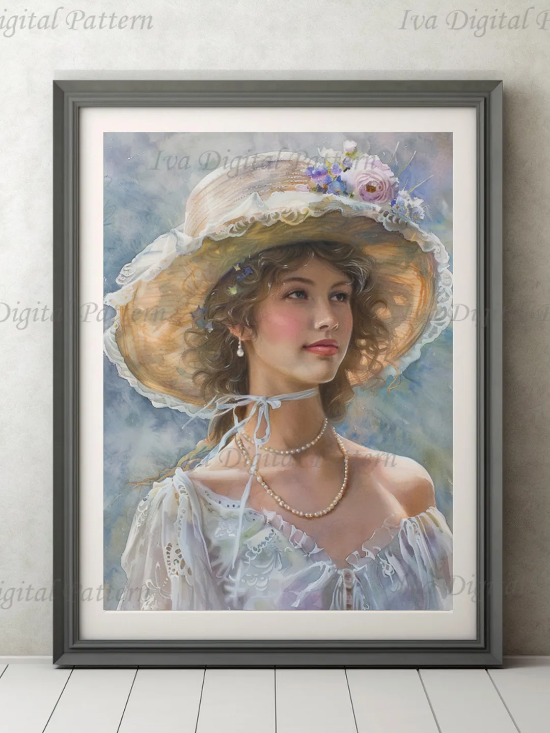 Digital illustration. Parisienne. French woman. Romantic girl with a hat. Digital painting. Wall decor in pastel colors. Instant download.